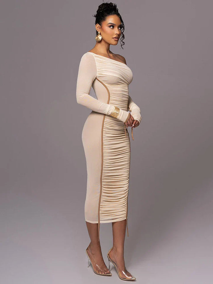 Women's Ruched Evening Dress with One Shoulder | Long Sleeve