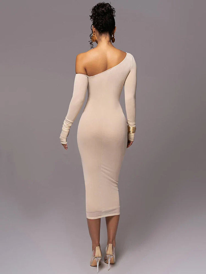 Women's Ruched Evening Dress with One Shoulder | Long Sleeve