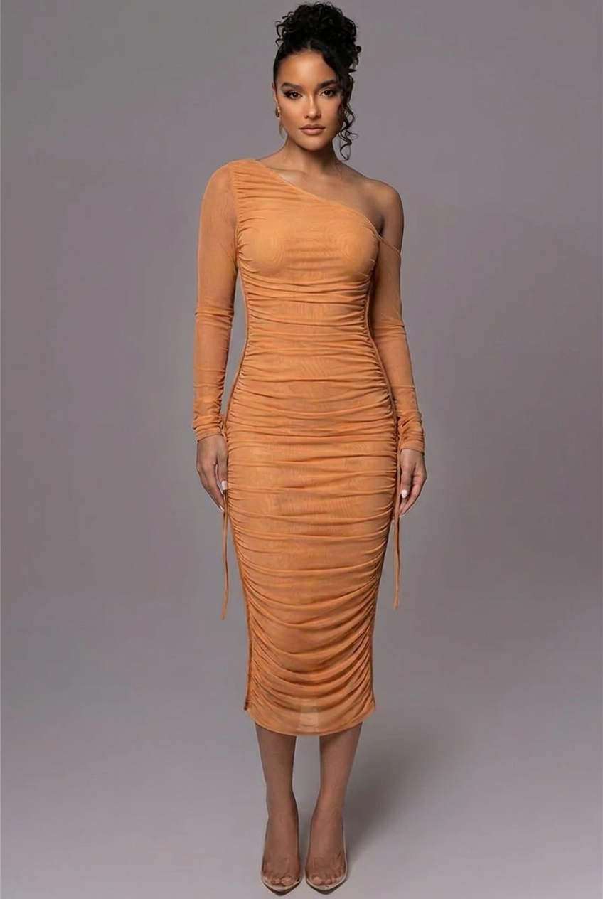 Women's Ruched Evening Dress with One Shoulder | Long Sleeve