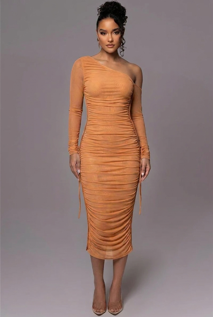 Women's Ruched Evening Dress with One Shoulder | Long Sleeve