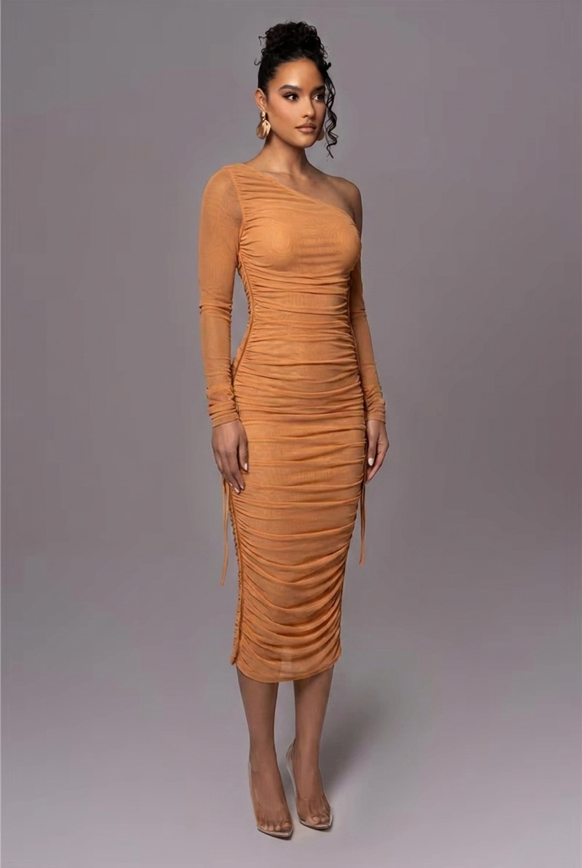 Women's Ruched Evening Dress with One Shoulder | Long Sleeve