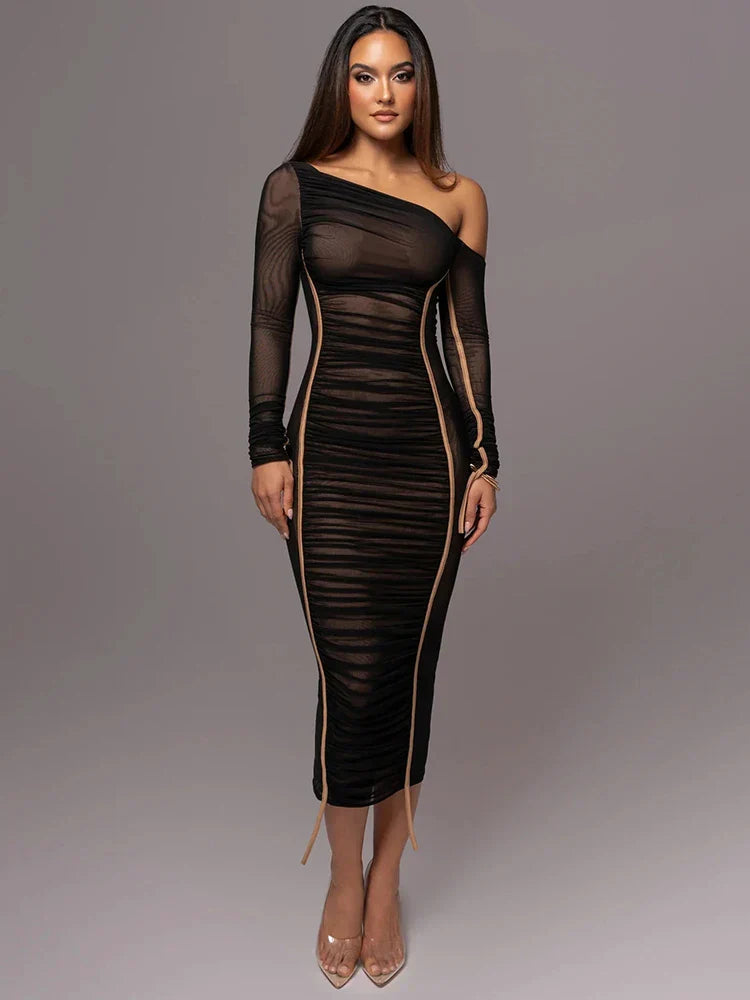 Women's Ruched Evening Dress with One Shoulder | Long Sleeve