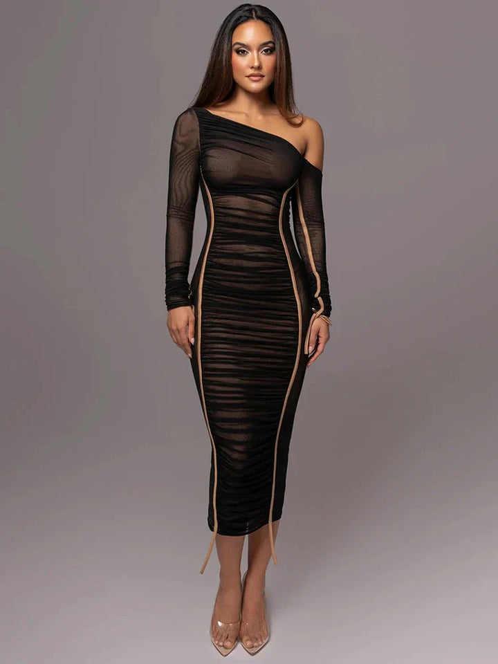 Women's Ruched Evening Dress with One Shoulder | Long Sleeve