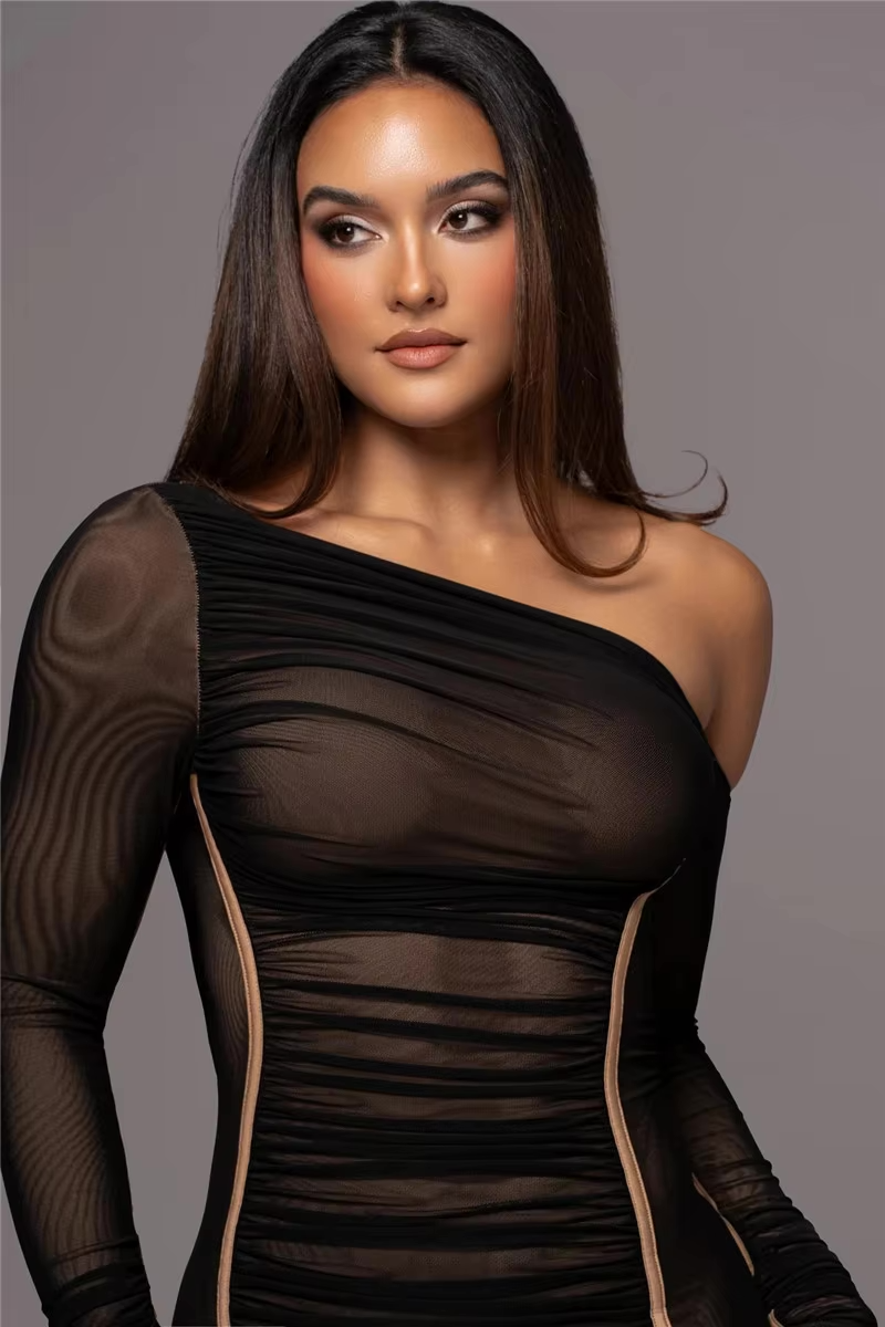 Women's Ruched Evening Dress with One Shoulder | Long Sleeve