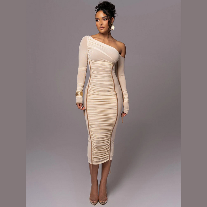 Women's Ruched Evening Dress with One Shoulder | Long Sleeve