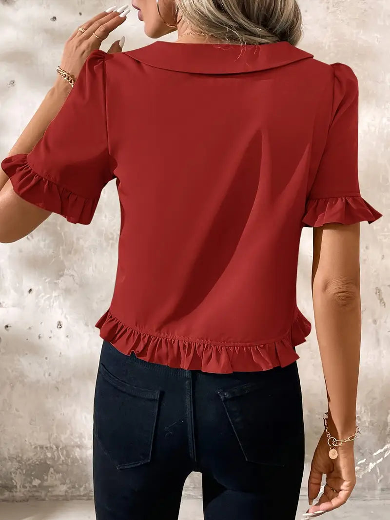 Women's Ruffle Hem Blouse with Collar & Buttons | Puff Sleeve