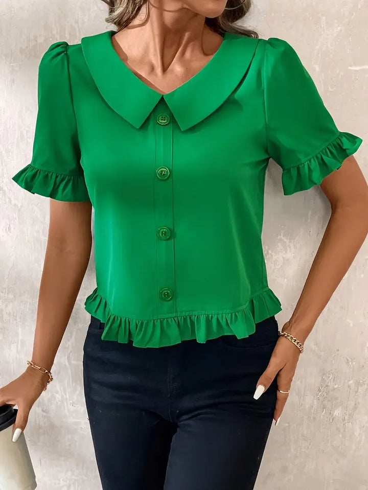 Women's Ruffle Hem Blouse with Collar & Buttons | Puff Sleeve