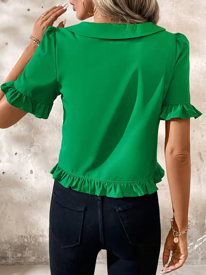 Women's Ruffle Hem Blouse with Collar & Buttons | Puff Sleeve