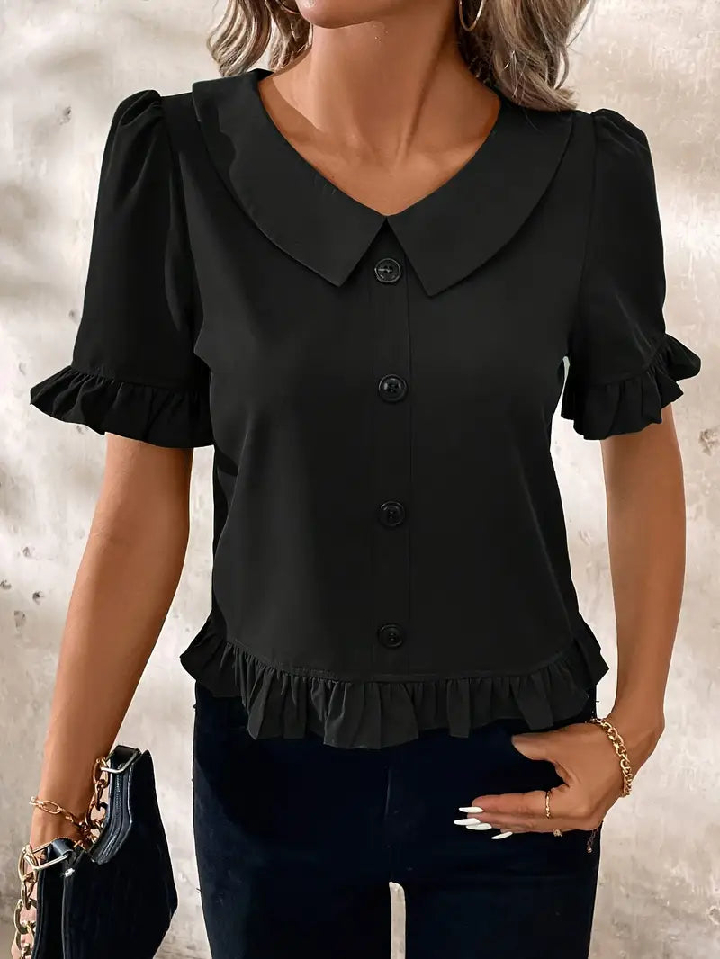 Women's Ruffle Hem Blouse with Collar & Buttons | Puff Sleeve