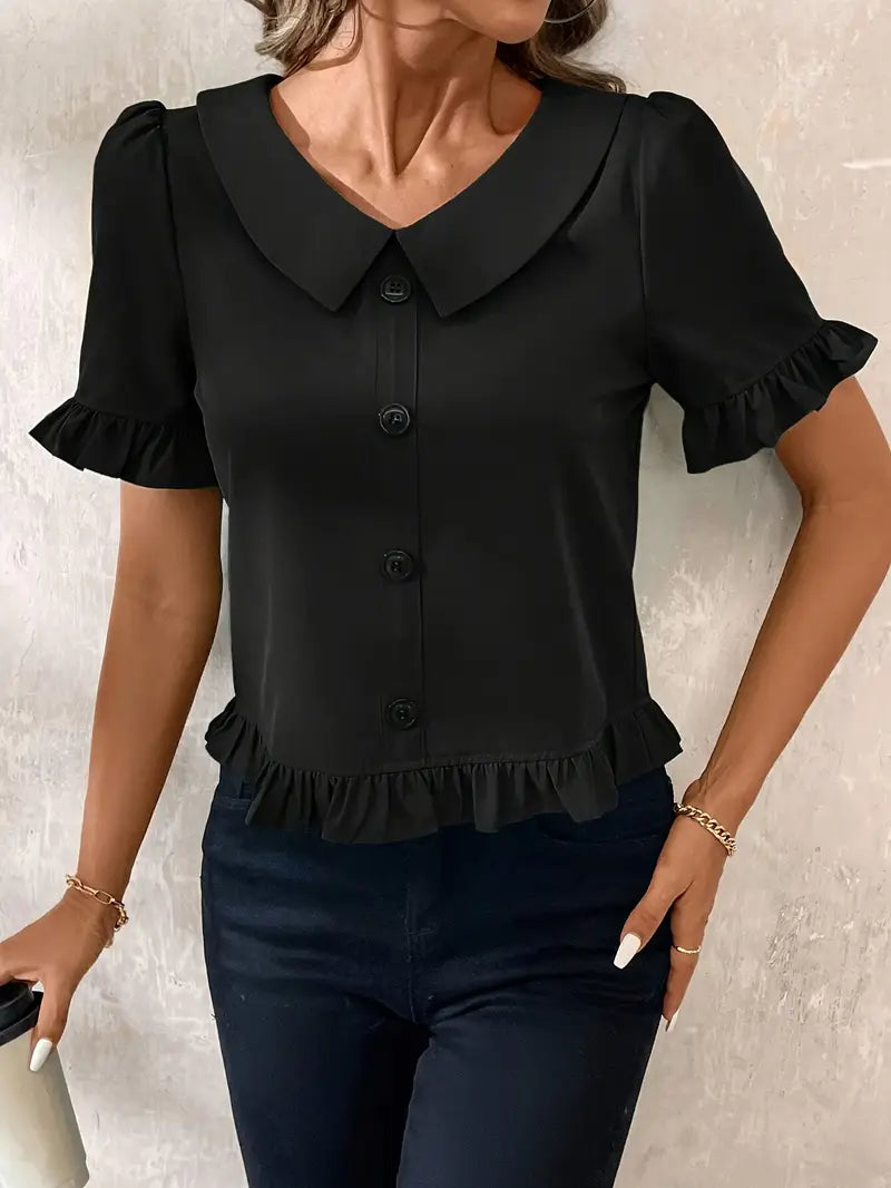 Women's Ruffle Hem Blouse with Collar & Buttons | Puff Sleeve