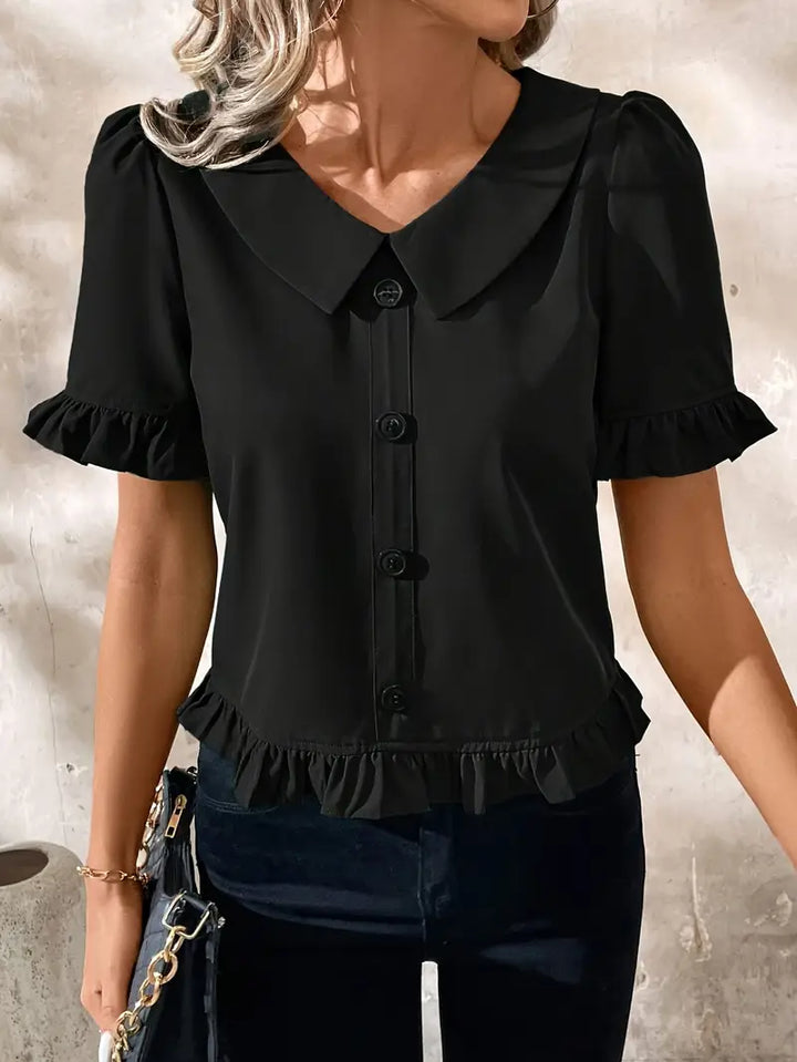 Women's Ruffle Hem Blouse with Collar & Buttons | Puff Sleeve