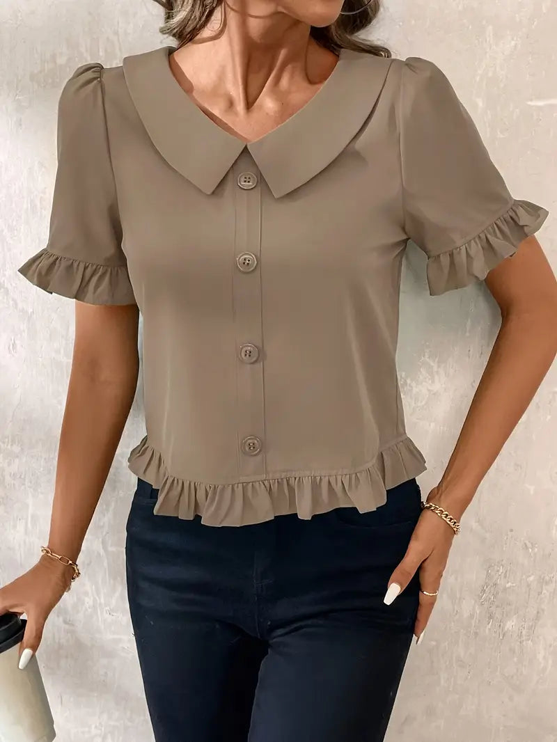 Women's Ruffle Hem Blouse with Collar & Buttons | Puff Sleeve