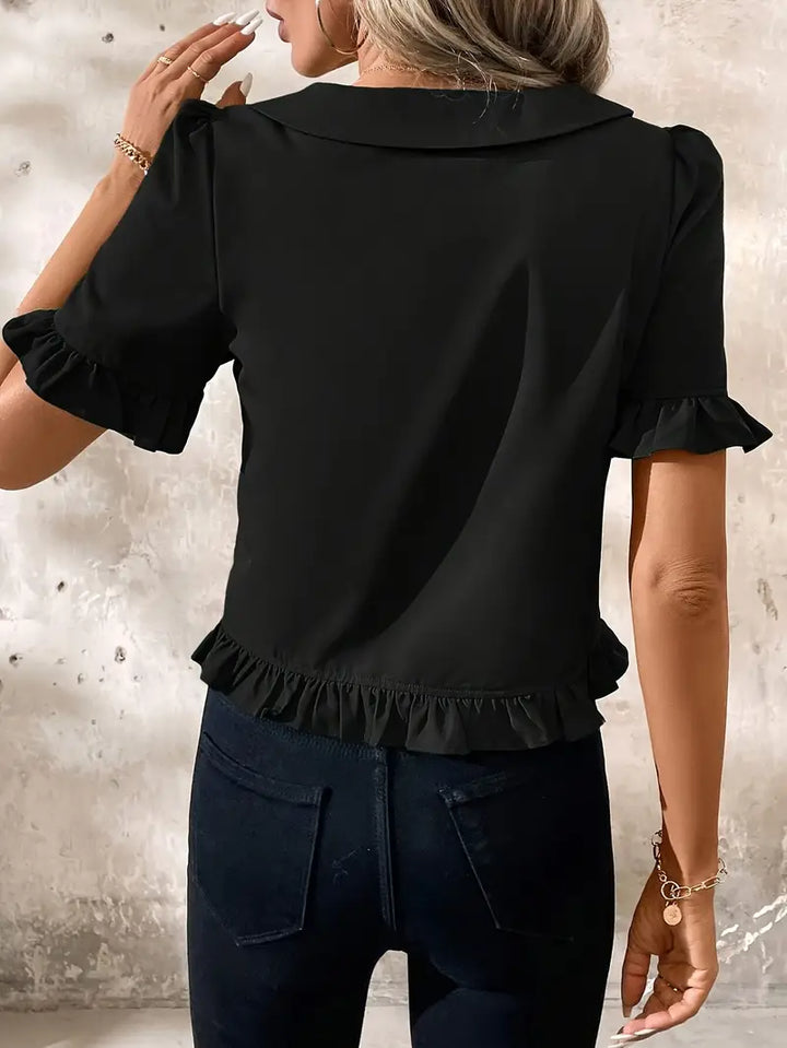 Women's Ruffle Hem Blouse with Collar & Buttons | Puff Sleeve