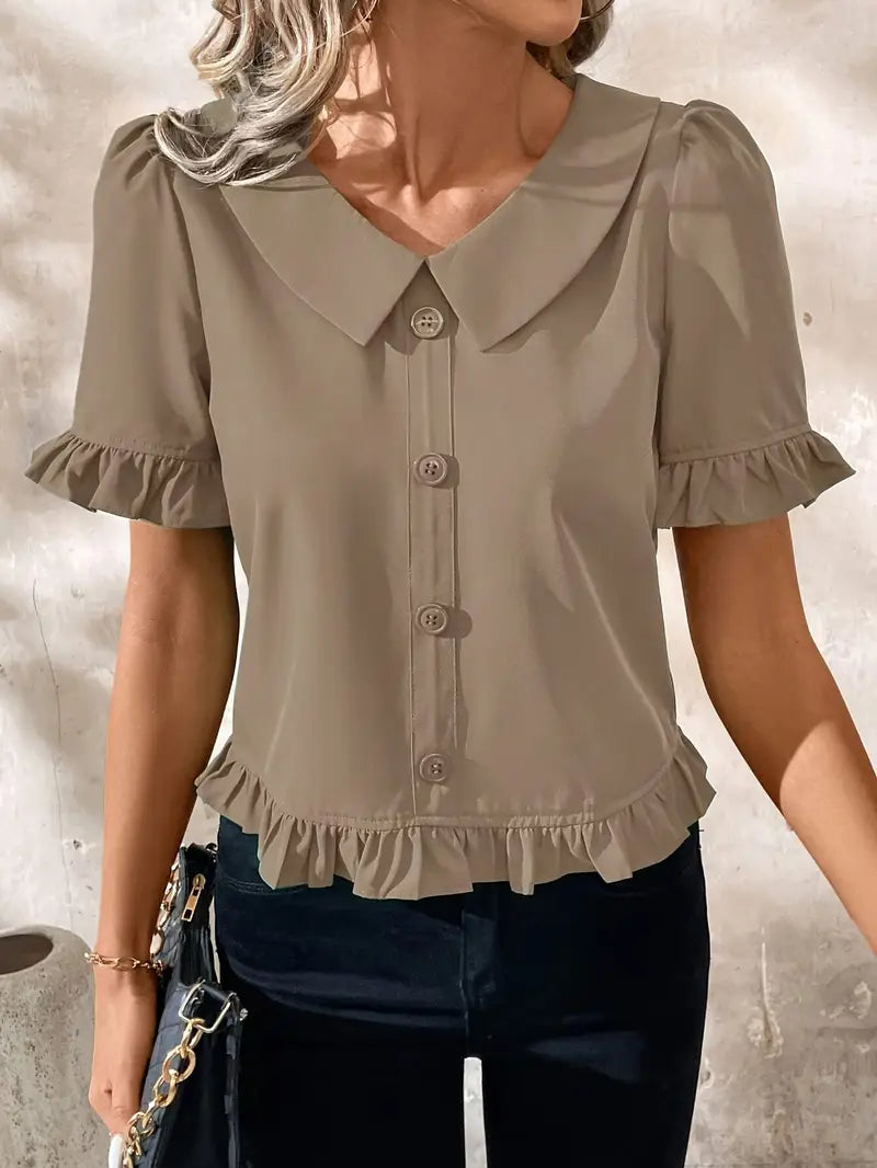 Women's Ruffle Hem Blouse with Collar & Buttons | Puff Sleeve