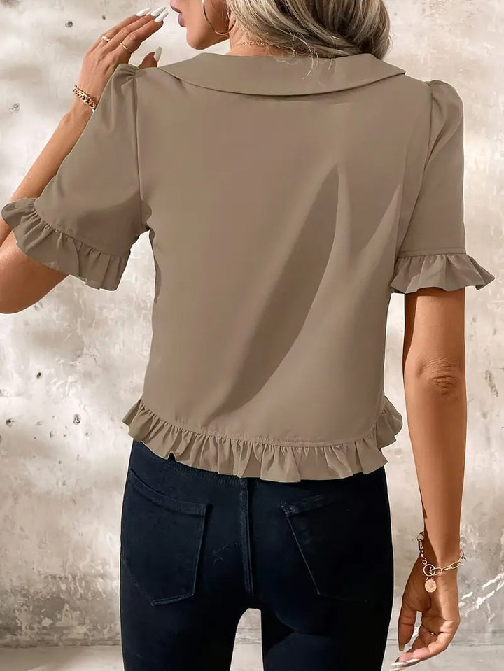 Women's Ruffle Hem Blouse with Collar & Buttons | Puff Sleeve