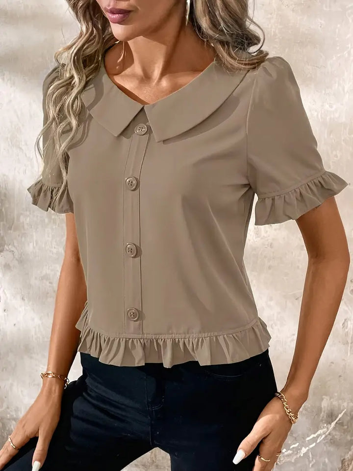 Women's Ruffle Hem Blouse with Collar & Buttons | Puff Sleeve