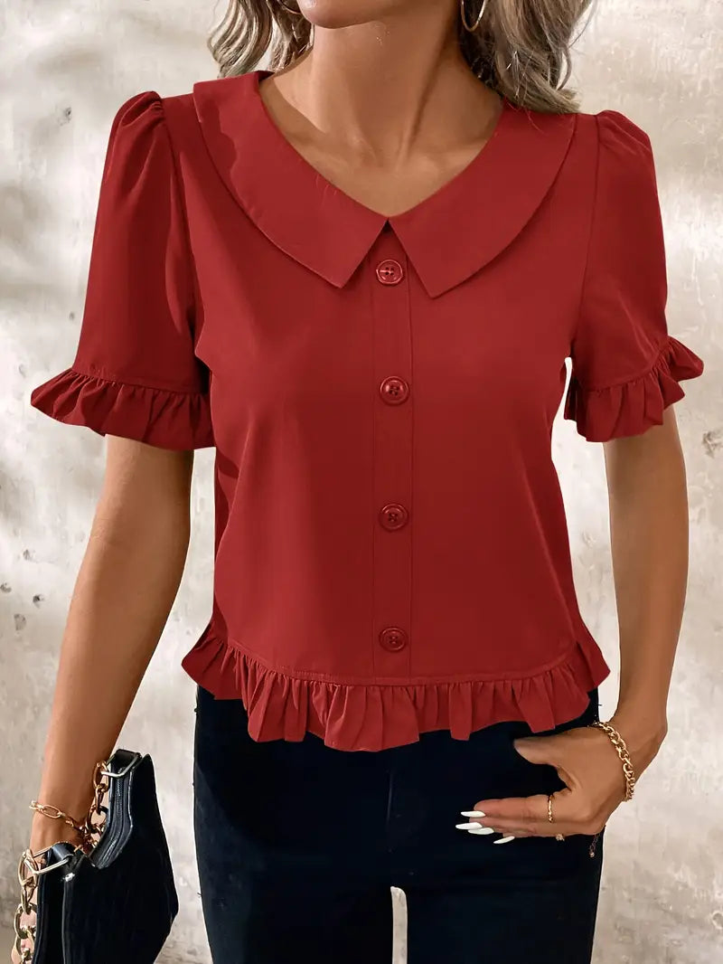 Women's Ruffle Hem Blouse with Collar & Buttons | Puff Sleeve