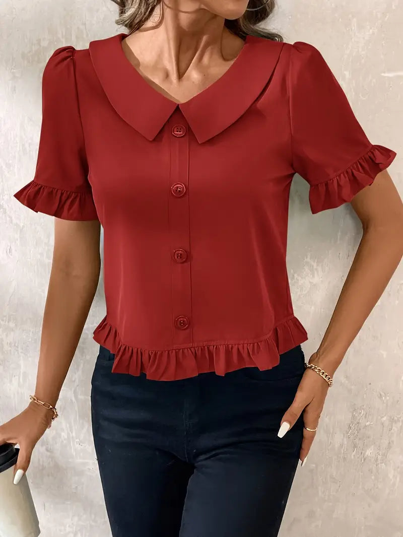 Women's Ruffle Hem Blouse with Collar & Buttons | Puff Sleeve