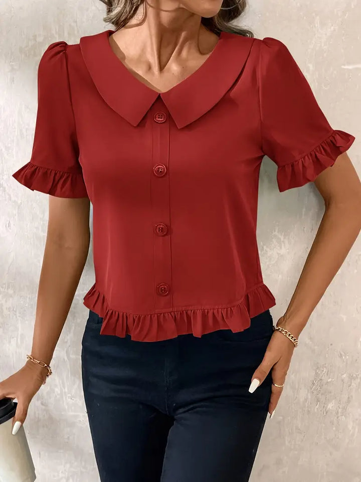 Women's Ruffle Hem Blouse with Collar & Buttons | Puff Sleeve