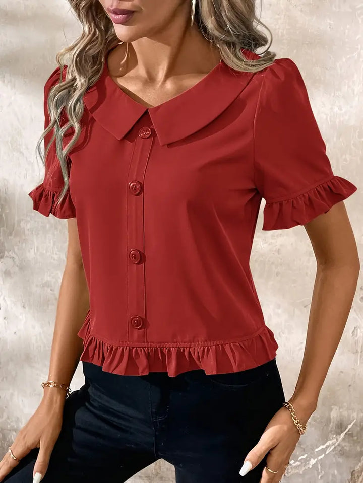 Women's Ruffle Hem Blouse with Collar & Buttons | Puff Sleeve