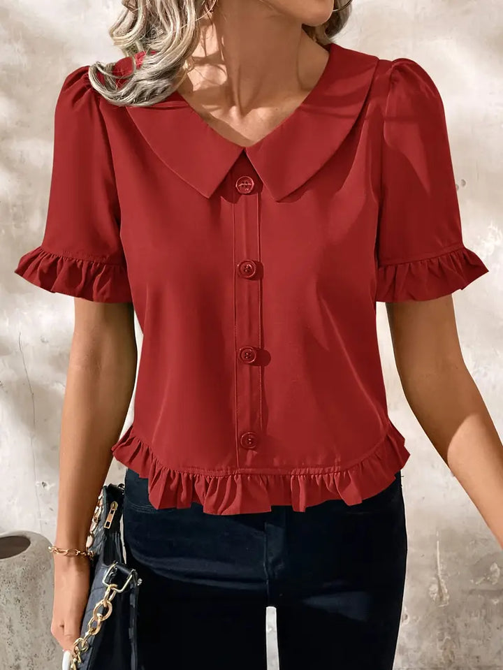 Women's Ruffle Hem Blouse with Collar & Buttons | Puff Sleeve
