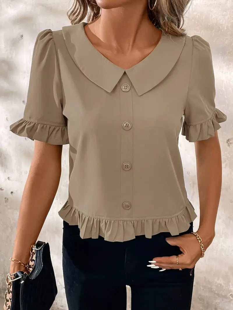 Women's Ruffle Hem Blouse with Collar & Buttons | Puff Sleeve