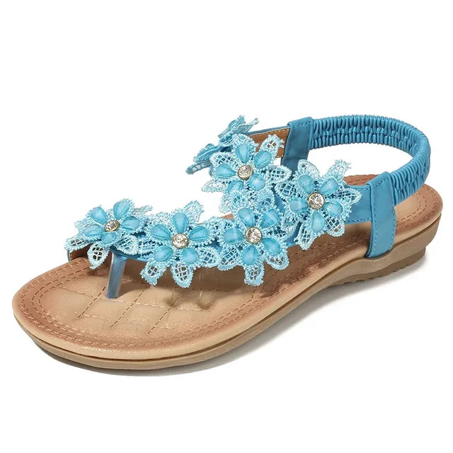 Women’s Sandals Flat Thong with Flowers | Elastic Slingback