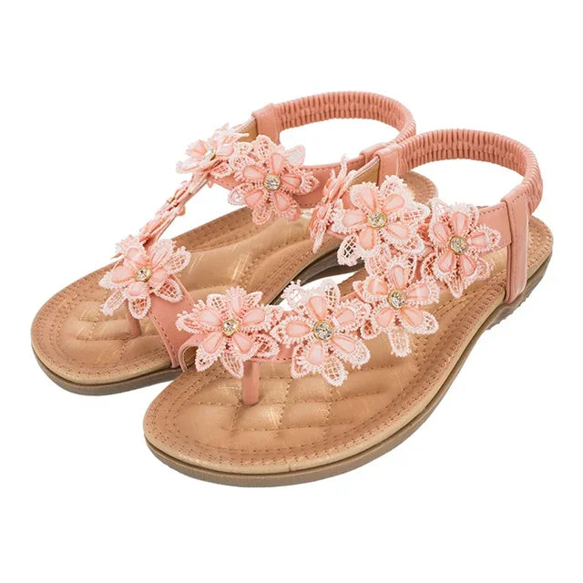 Women’s Sandals Flat Thong with Flowers | Elastic Slingback