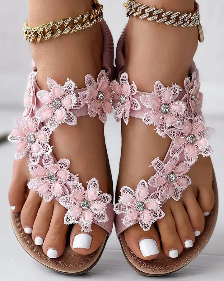 Women’s Sandals Flat Thong with Flowers | Elastic Slingback