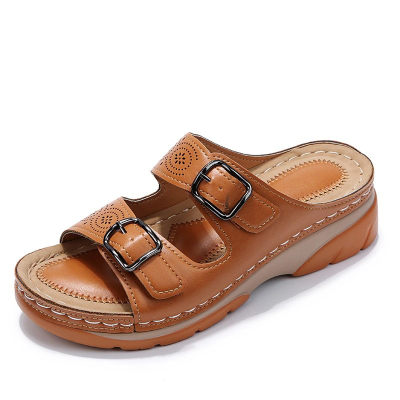 Women’s Sandals Slip On with Double Buckle & Cut Out | Wedge