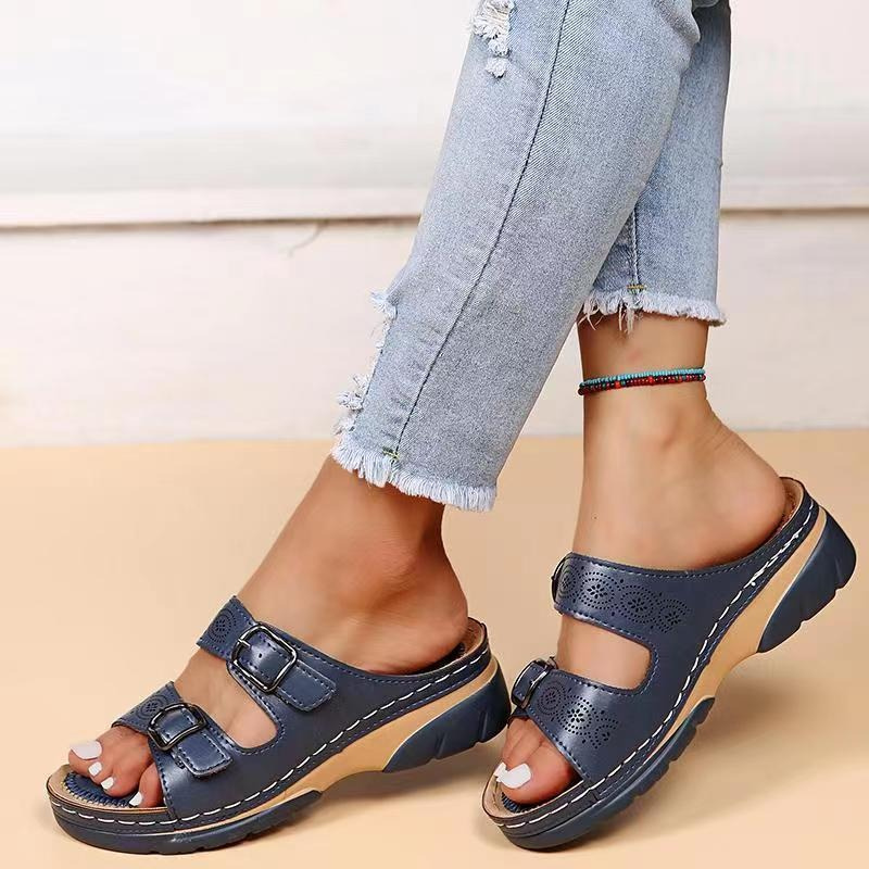 Women’s Sandals Slip On with Double Buckle & Cut Out | Wedge