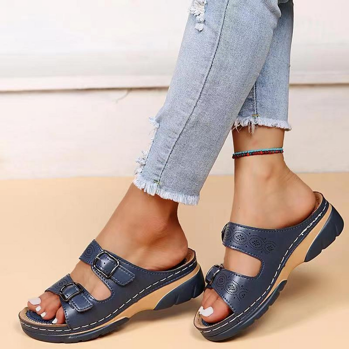Women’s Sandals Slip On with Double Buckle & Cut Out | Wedge