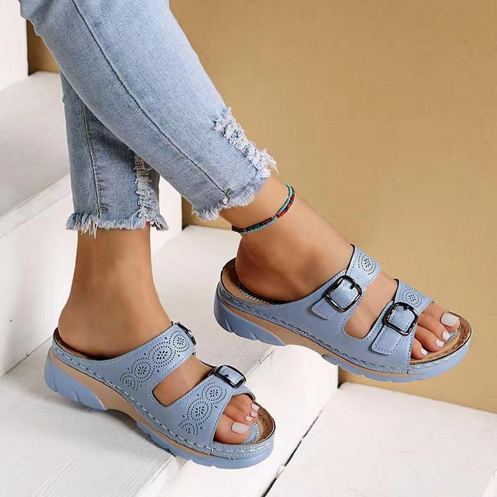 Women’s Sandals Slip On with Double Buckle & Cut Out | Wedge