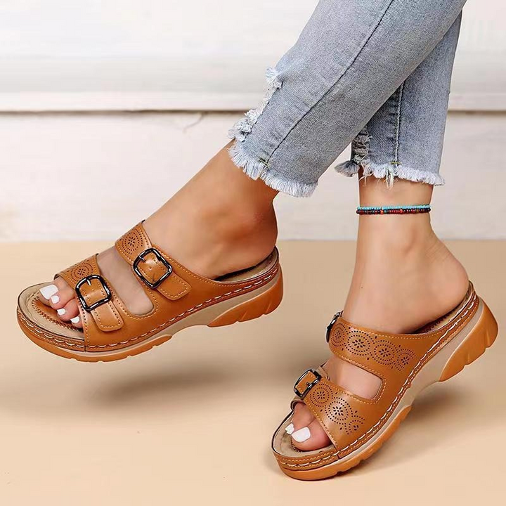 Women’s Sandals Slip On with Double Buckle & Cut Out | Wedge