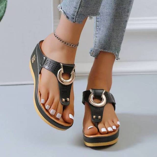 Women’s Sandals Wedge Heel Toe Post | Ring Buckle Cut-Out Strap
