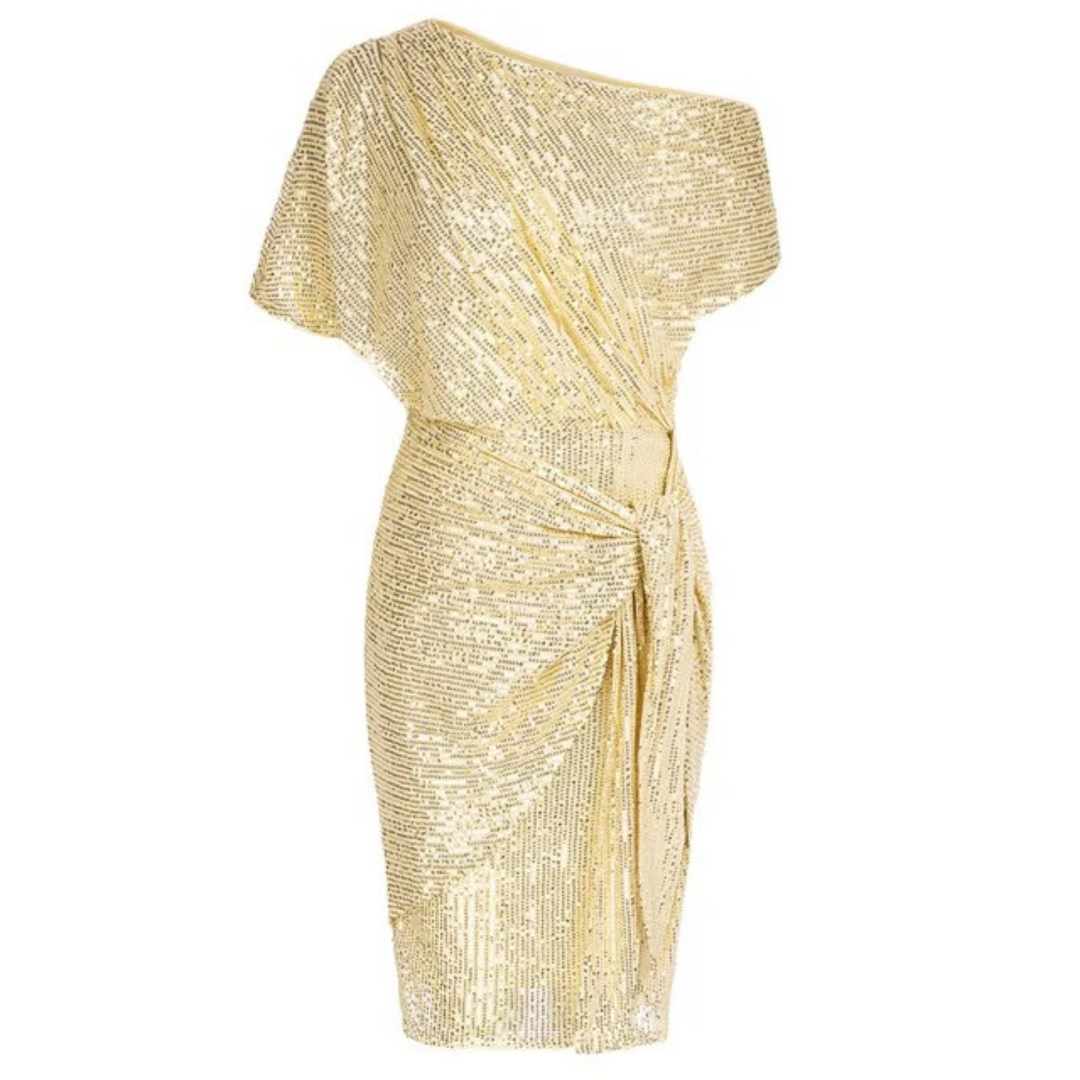 Women's Sequin Cocktail Dress with One Shoulder & Tie Waist | Midi
