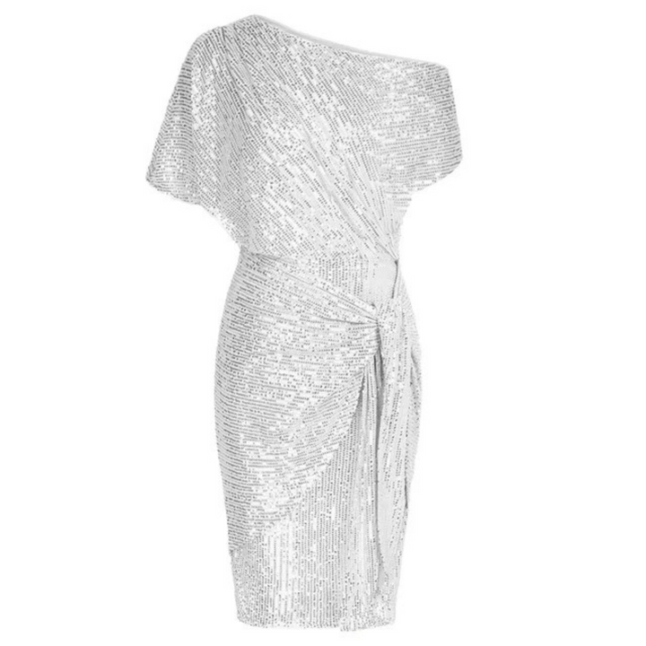 Women's Sequin Cocktail Dress with One Shoulder & Tie Waist | Midi