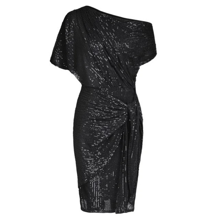 Women's Sequin Cocktail Dress with One Shoulder & Tie Waist | Midi