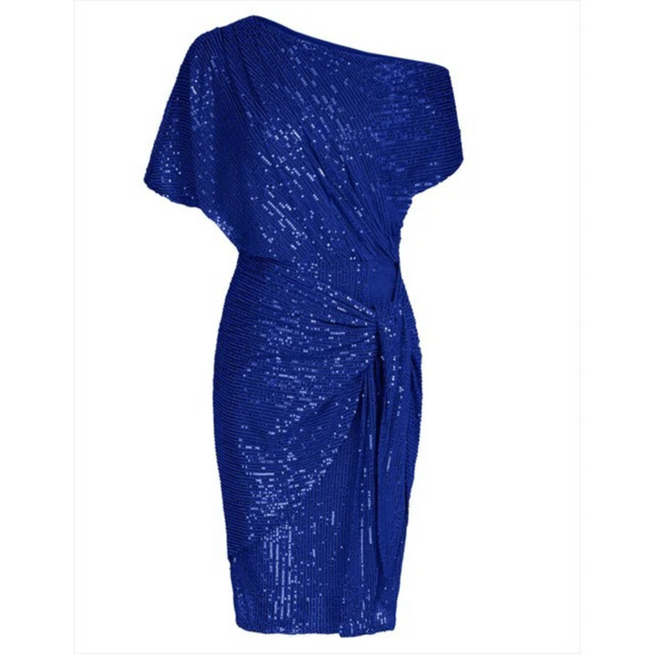 Women's Sequin Cocktail Dress with One Shoulder & Tie Waist | Midi