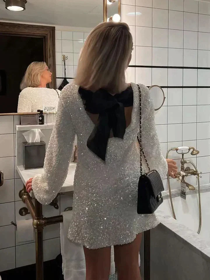 Women's Sequin Dress Mini with Bow Back | Long Sleeve