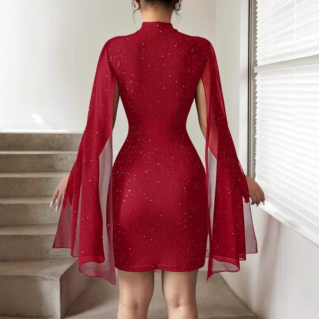 Women’s Sequin Dress Mini with Cape Sleeves | Mock Neck