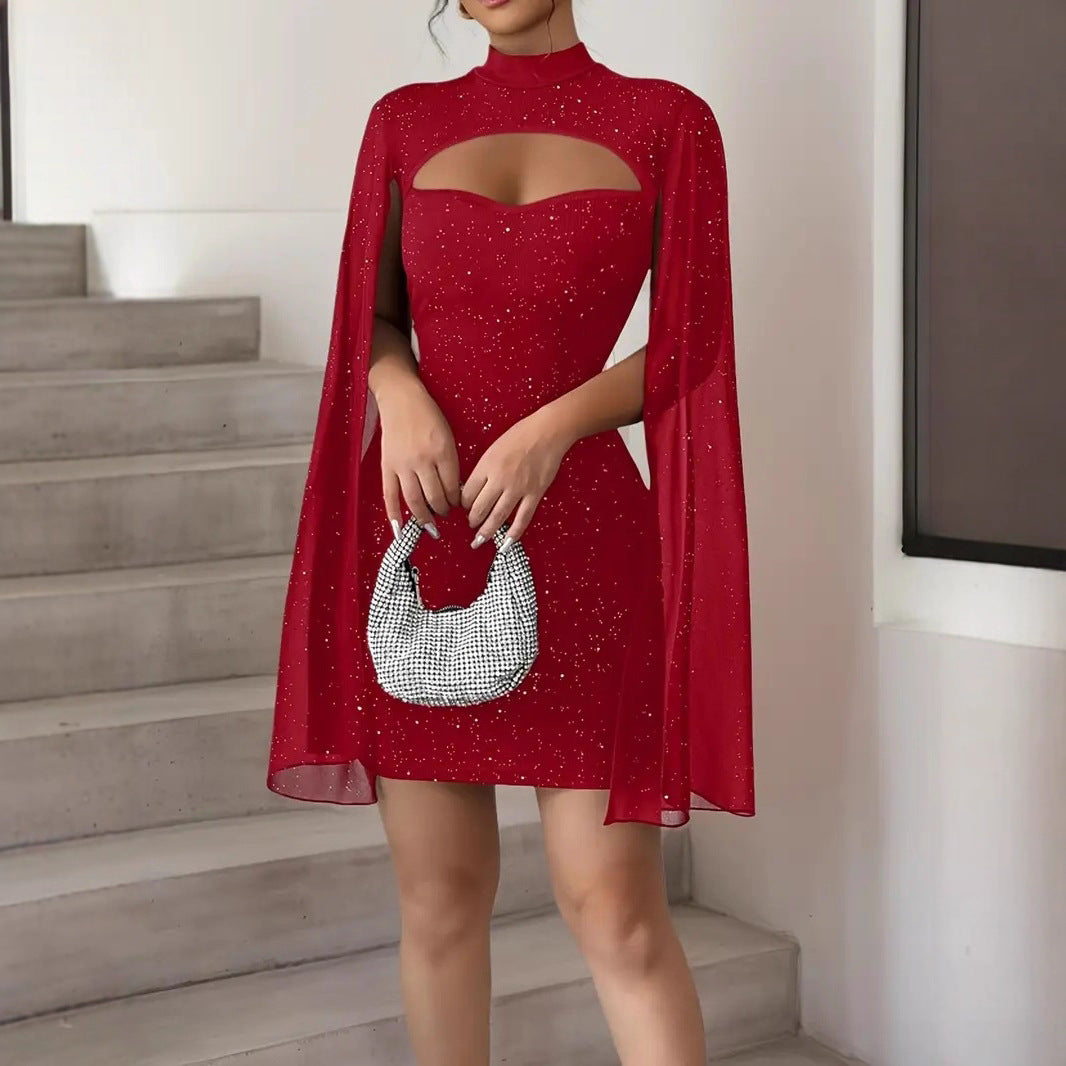 Women’s Sequin Dress Mini with Cape Sleeves | Mock Neck