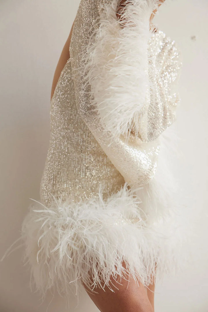 Women’s Sequin Dress Mini with Feather Trim | Long Sleeve