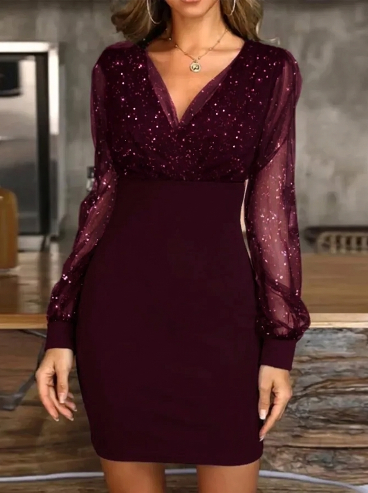 Women’s Sequin Dress Mini with Sheer Sleeves | V-Neck