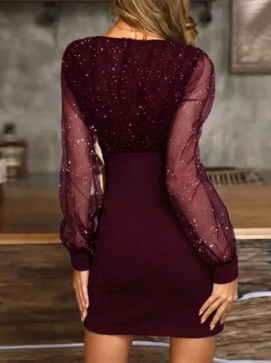 Women’s Sequin Dress Mini with Sheer Sleeves | V-Neck