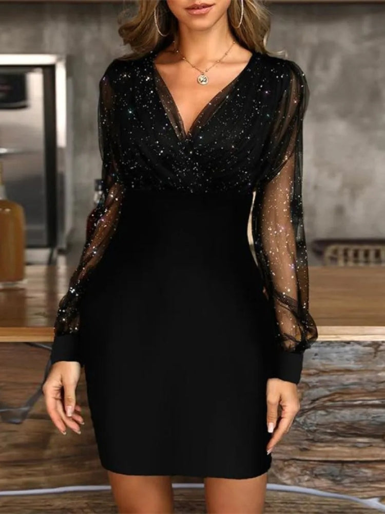 Women’s Sequin Dress Mini with Sheer Sleeves | V-Neck
