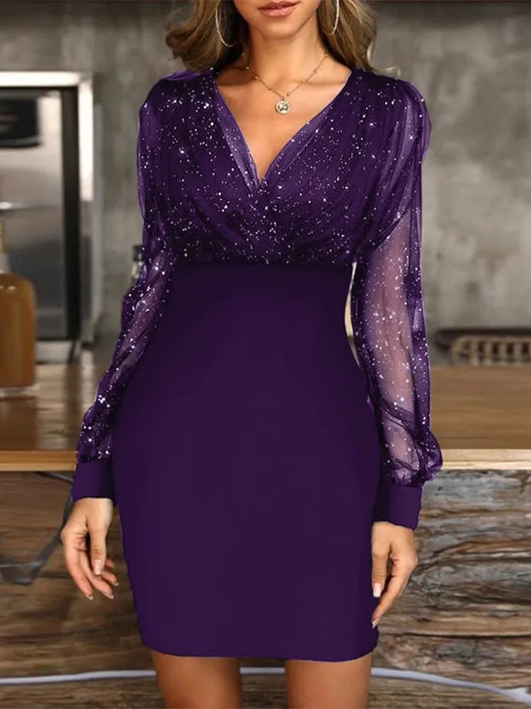 Women’s Sequin Dress Mini with Sheer Sleeves | V-Neck