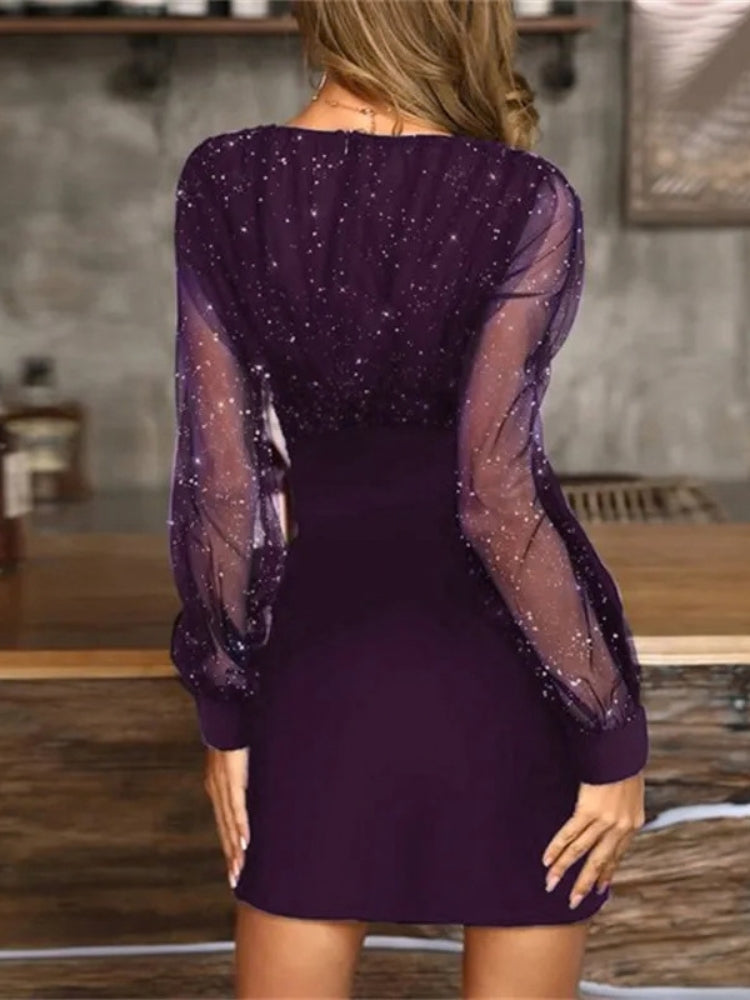 Women’s Sequin Dress Mini with Sheer Sleeves | V-Neck