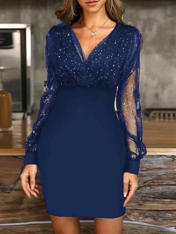 Women’s Sequin Dress Mini with Sheer Sleeves | V-Neck
