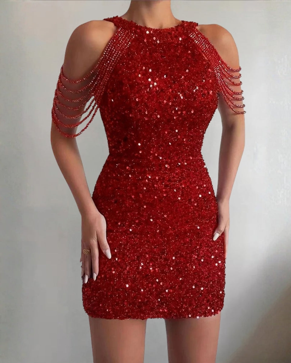 Women’s Sequin Dress with Beaded Straps | Bodycon Mini